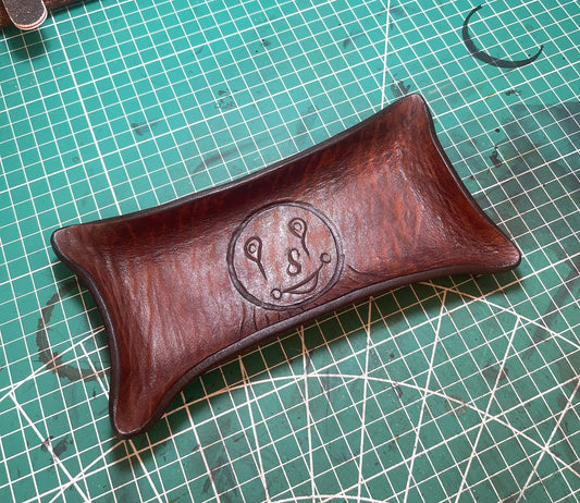 Hand-Carved Full-Grain Leather Pillow Tray with Embossed Center Motif