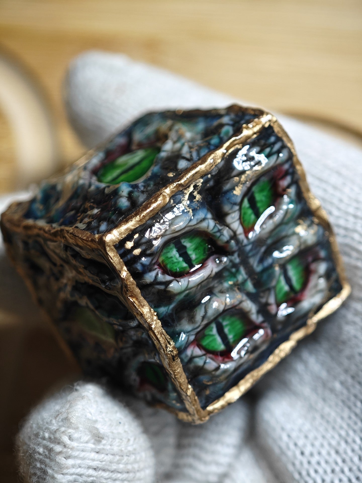 Custom Handmade Resin d20 Die with Snake Eye and Gold Leaf Design