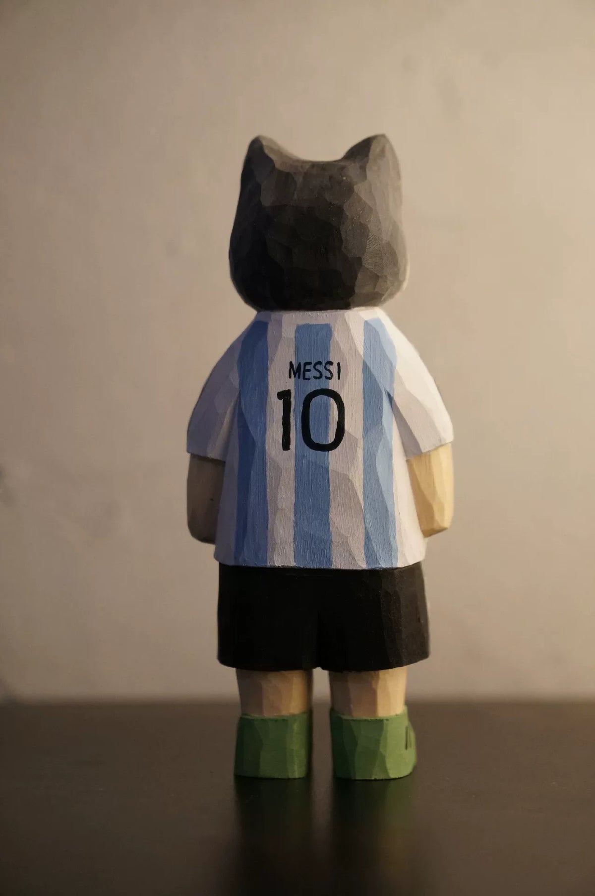 Hand Carved Wooden Cat Football Figurine