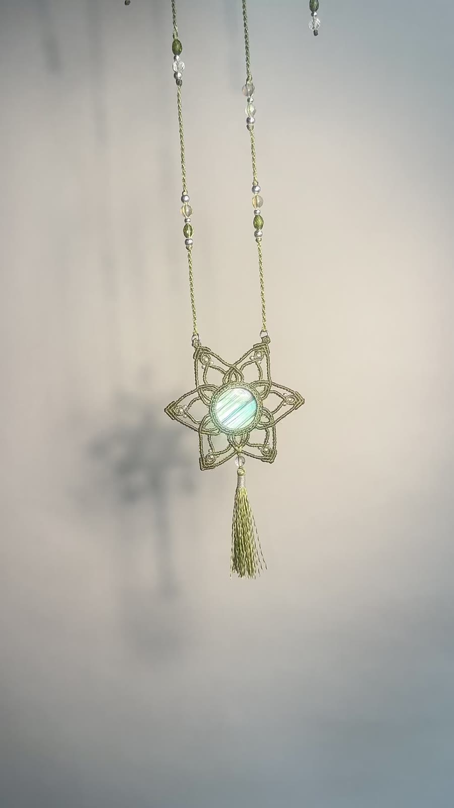 Handmade Labradorite Macrame Pendant Necklace with Olive Green Cord