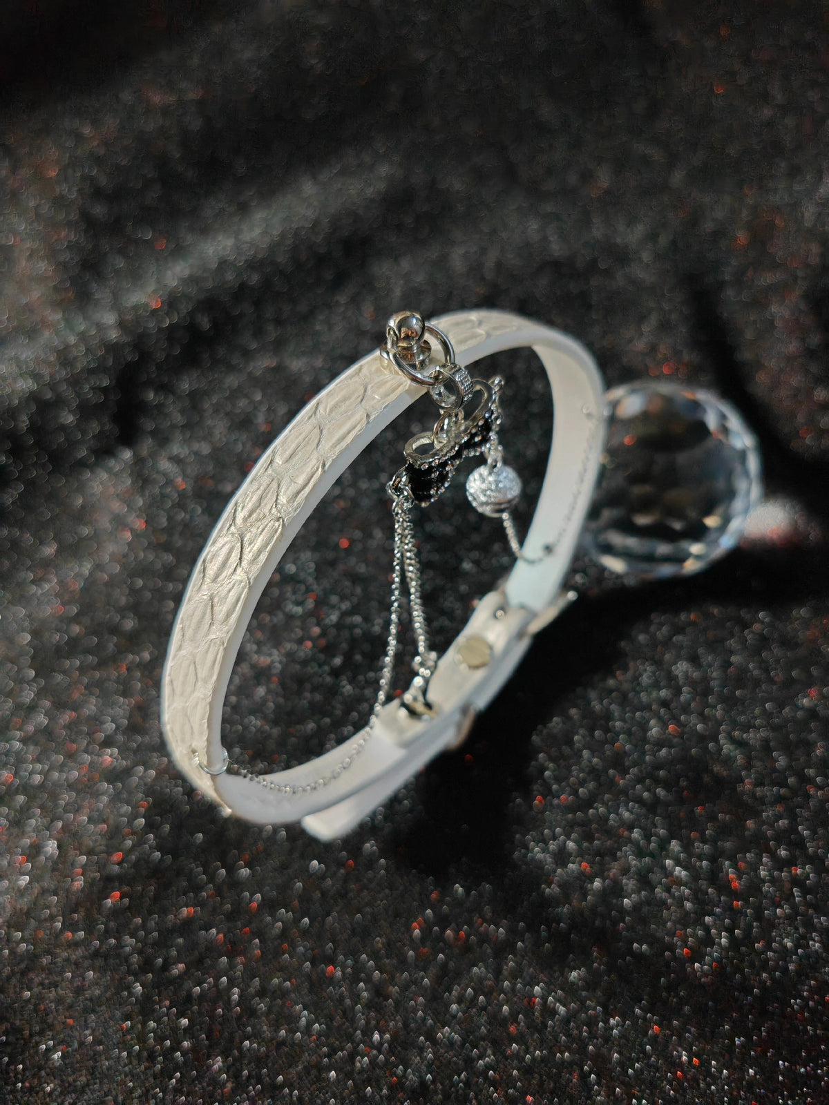 White Snakeskin Choker with Silver Bell Charm