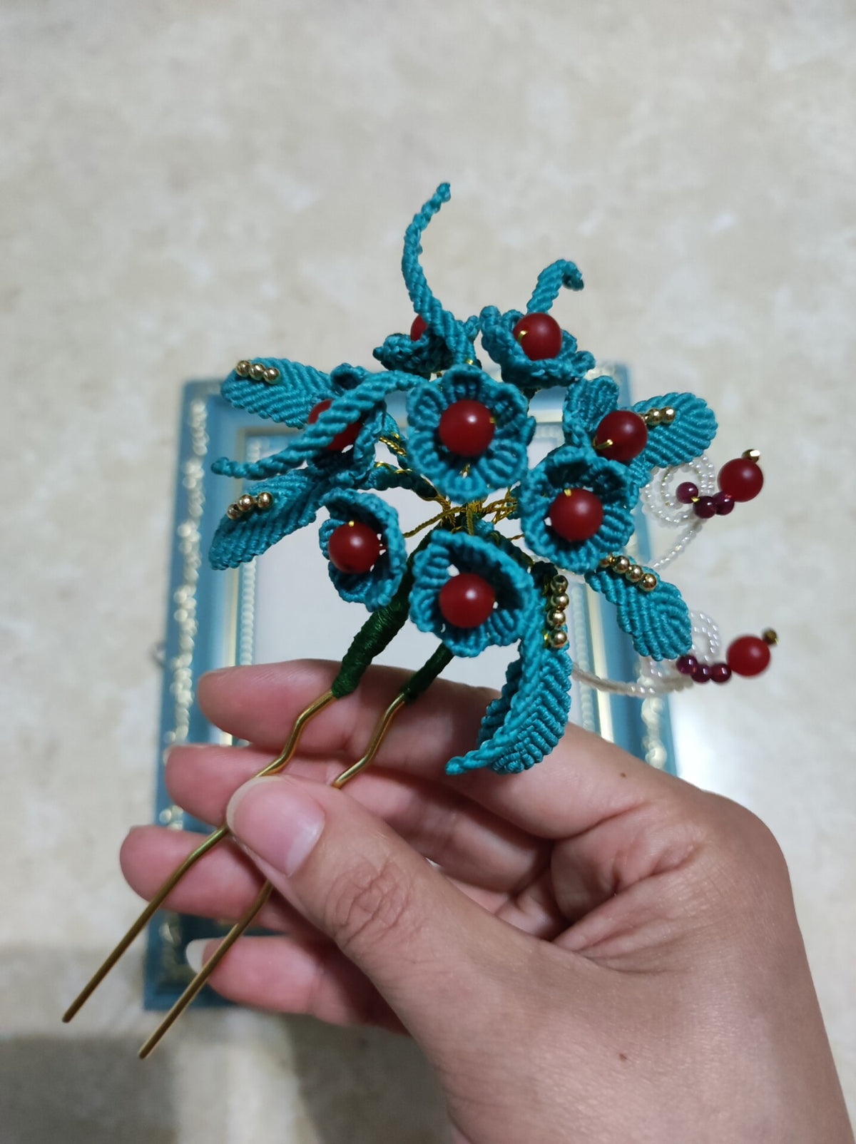 Teal Waxed Cord Floral Hairpin with Red Agate