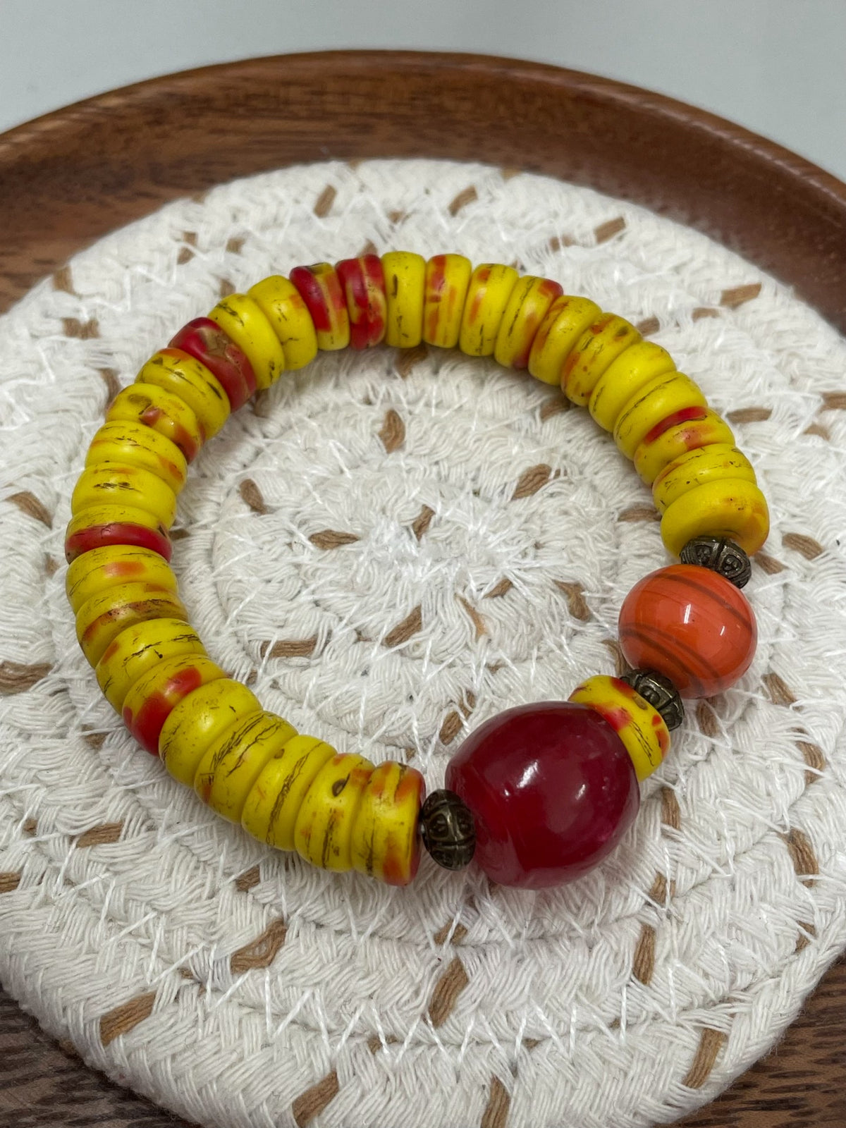 Vintage Glass Bead Bracelet Yellow Red Orange