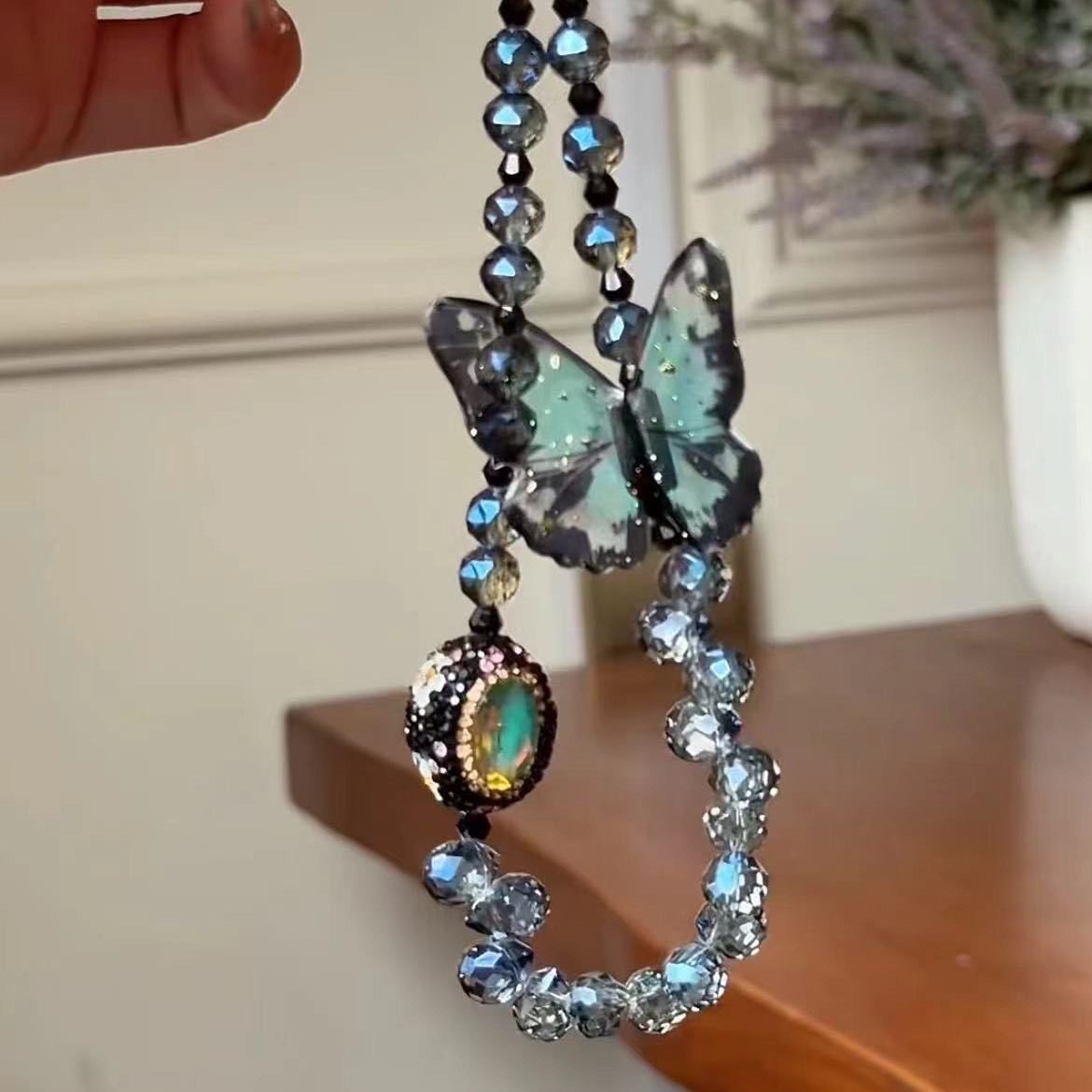 Smoky Blue Beaded Phone Charm with Butterfly
