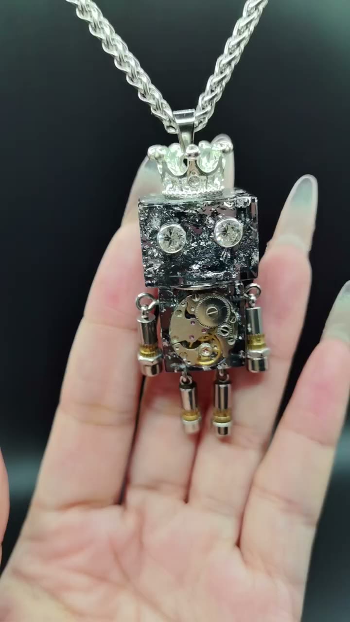 Handmade Punk Robot Pendant Necklace with Crown