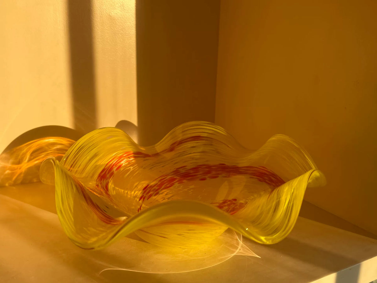 Bol vintage en verre liuli jaune citron et points rouges
