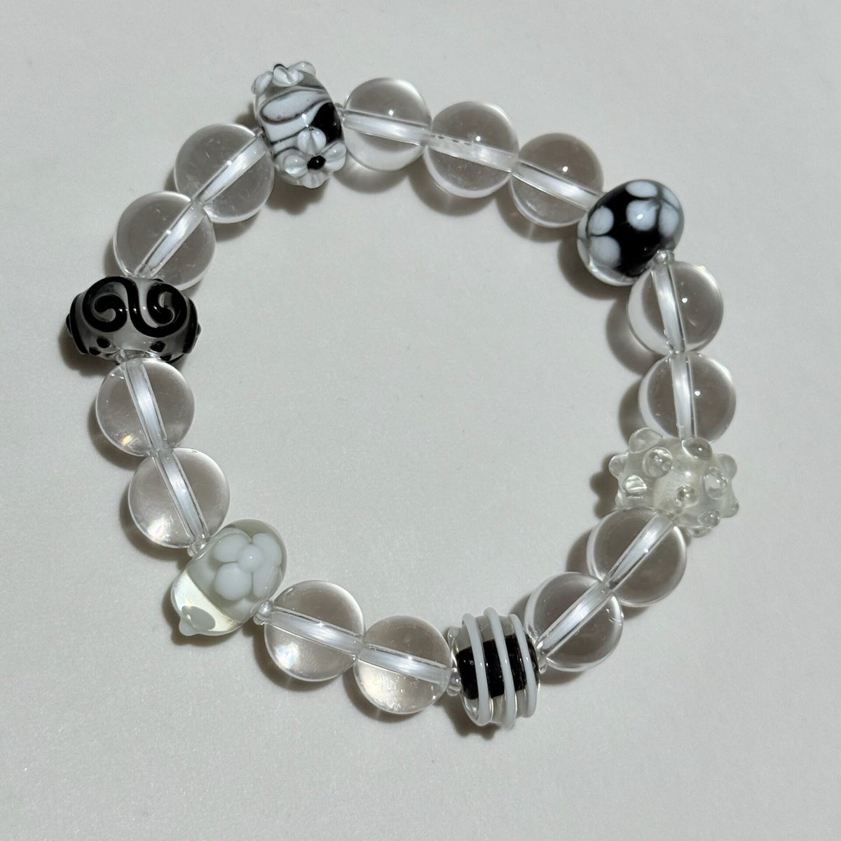 White Crystal Beaded Bracelet with Lampwork Glass