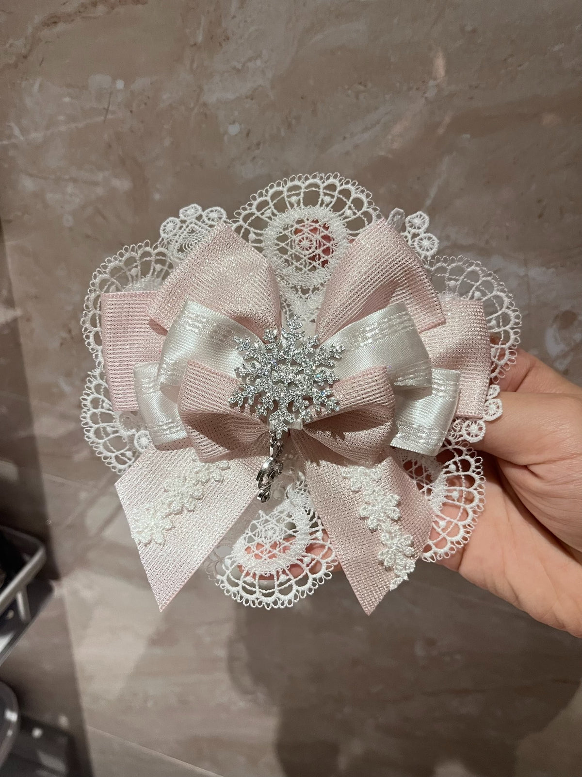 Pink Lace Bow Hair Clip Snowflake Rhinestone