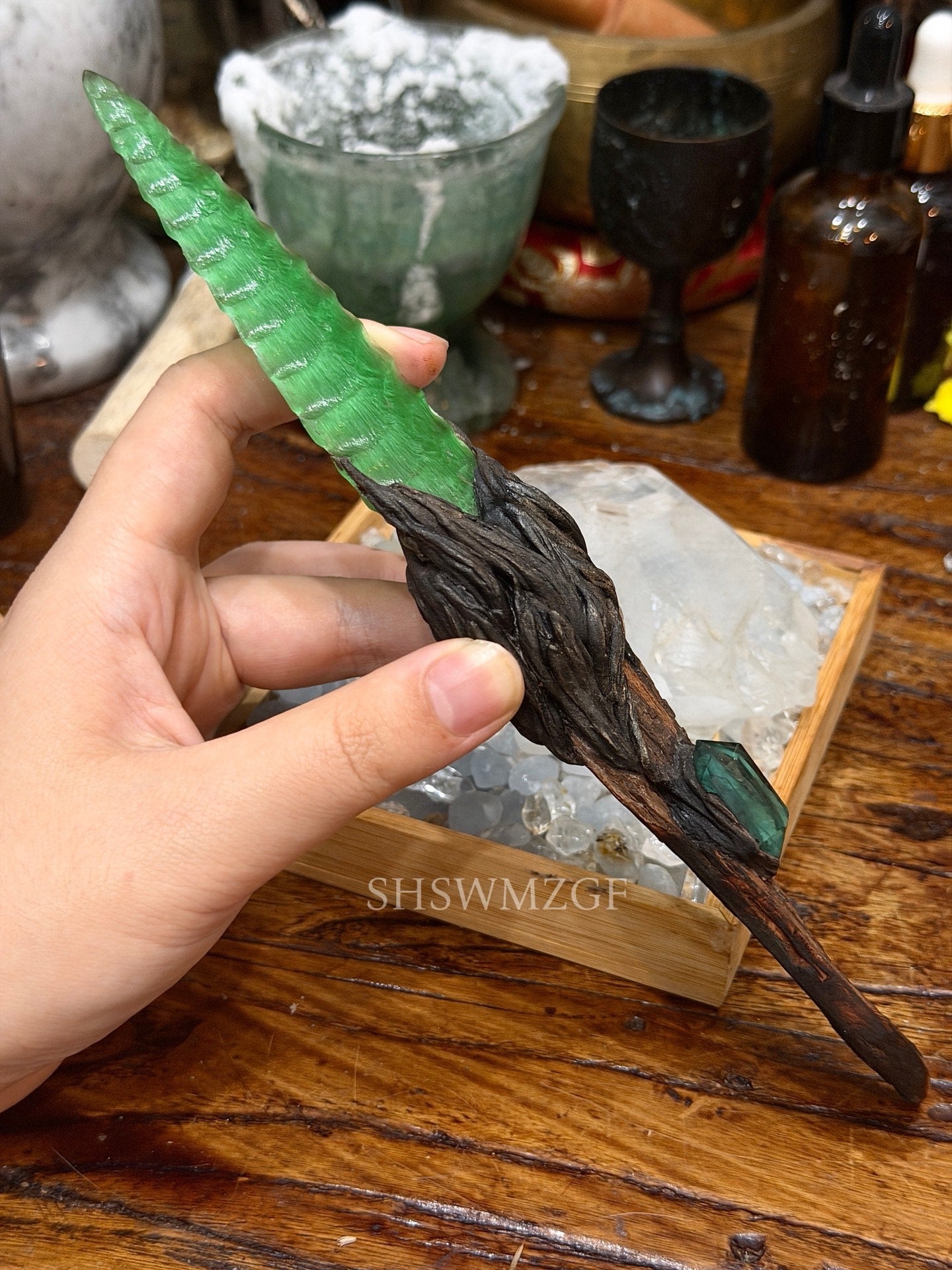 Handcrafted Wood and Green Gemstone Decorative Piece