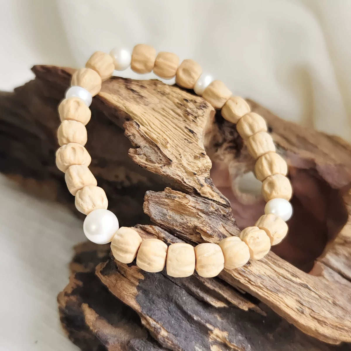 Passion Fruit Seed Bracelet with White Pearls
