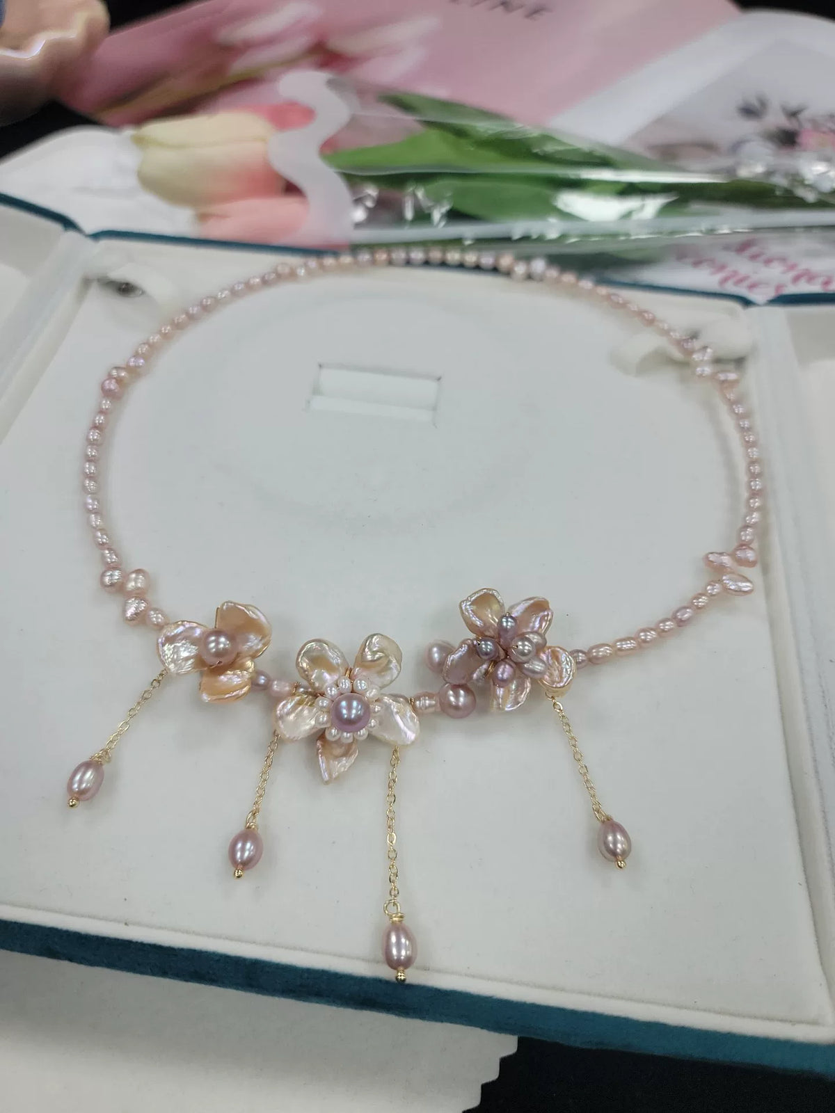 Pink Freshwater Pearl Floral Necklace