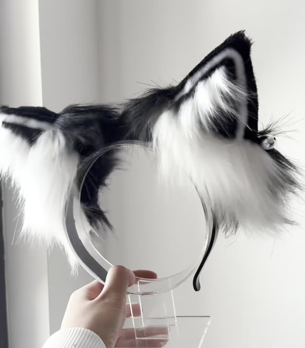 Motorized Black White Cat Ear Headband