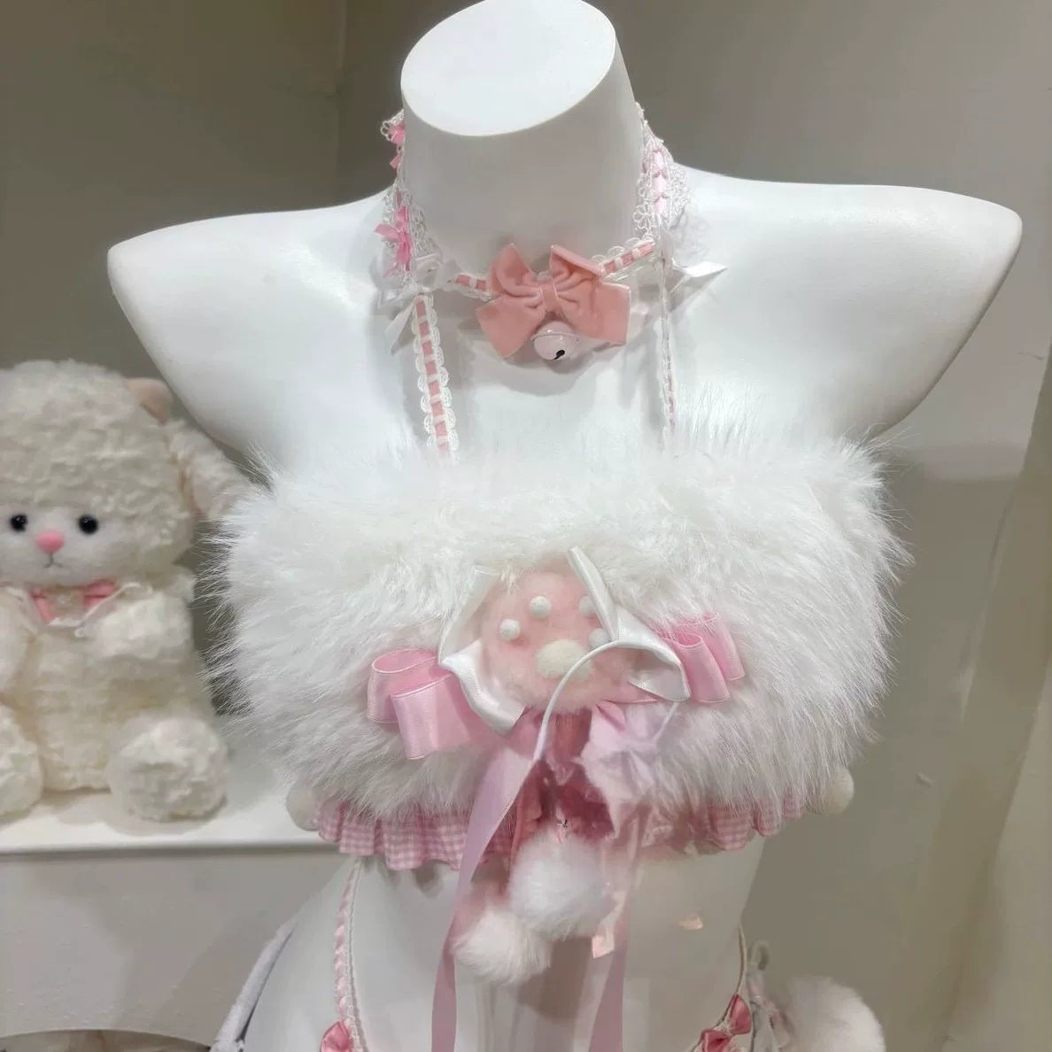 White Pink Faux Fur Tube Top Set