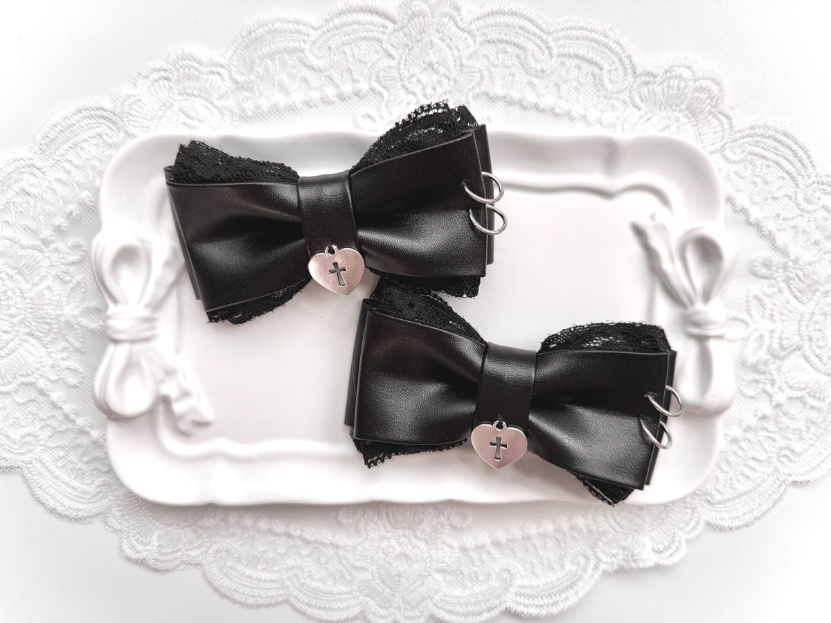 Japanese Leather Lace Bow Side Hair Clips