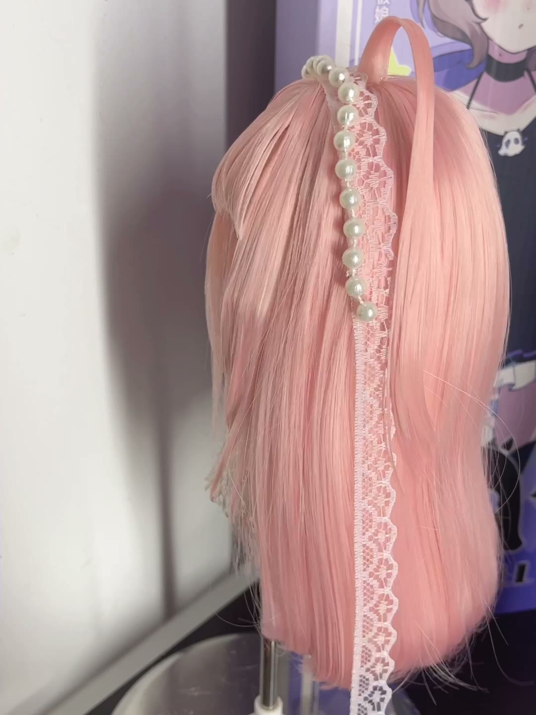 Doll Wig Pastel Pink With Pearl Headpiece
