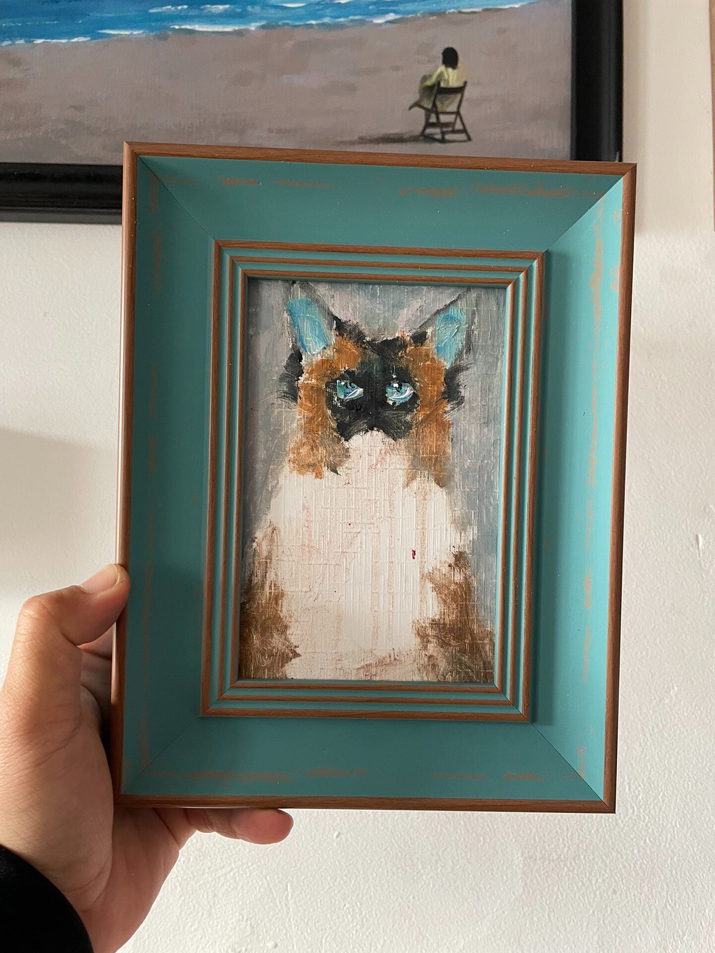 Hand-Painted Oil Painting of a Ragdoll Cat in Distressed Turquoise Frame, 15x20cm