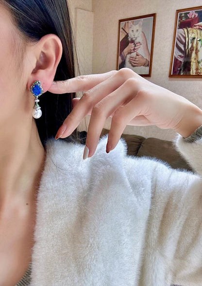 18k Gold Baroque Pearl and Opal Dangle Earrings with Sapphire, Tsavorite, and Diamond Accents