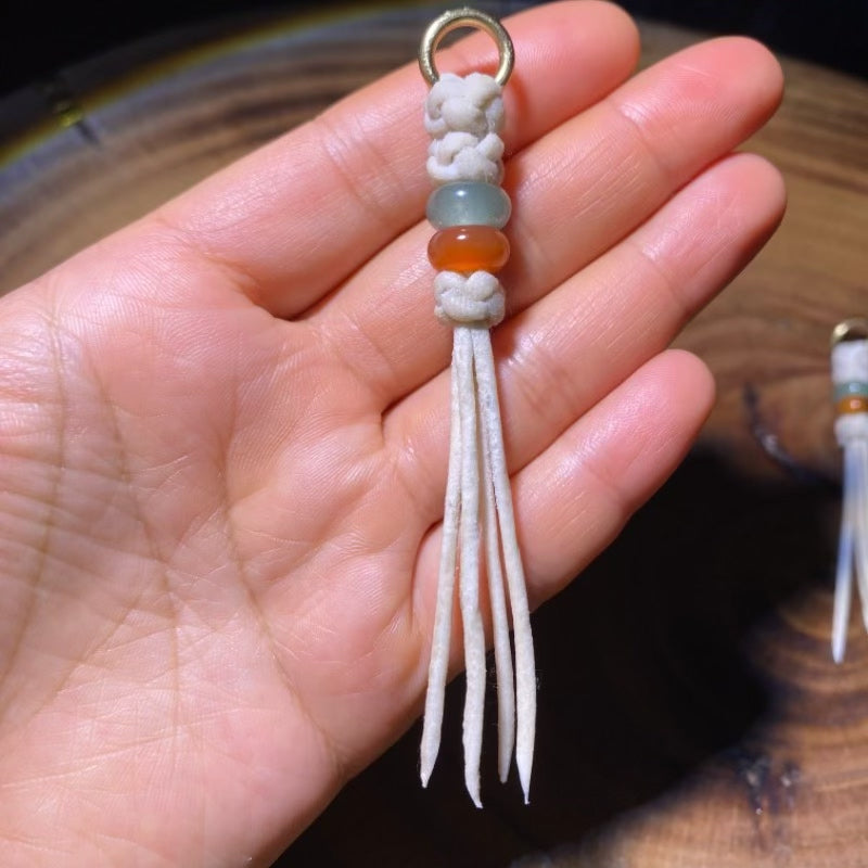 Handcrafted Tibetan Tassel with White Leather Cord and Green and Amber Beads