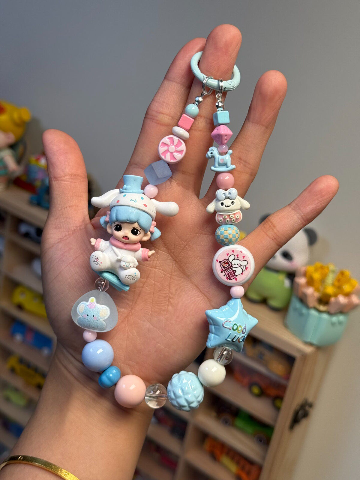 Pastel Beaded Phone Strap with Doll Charm