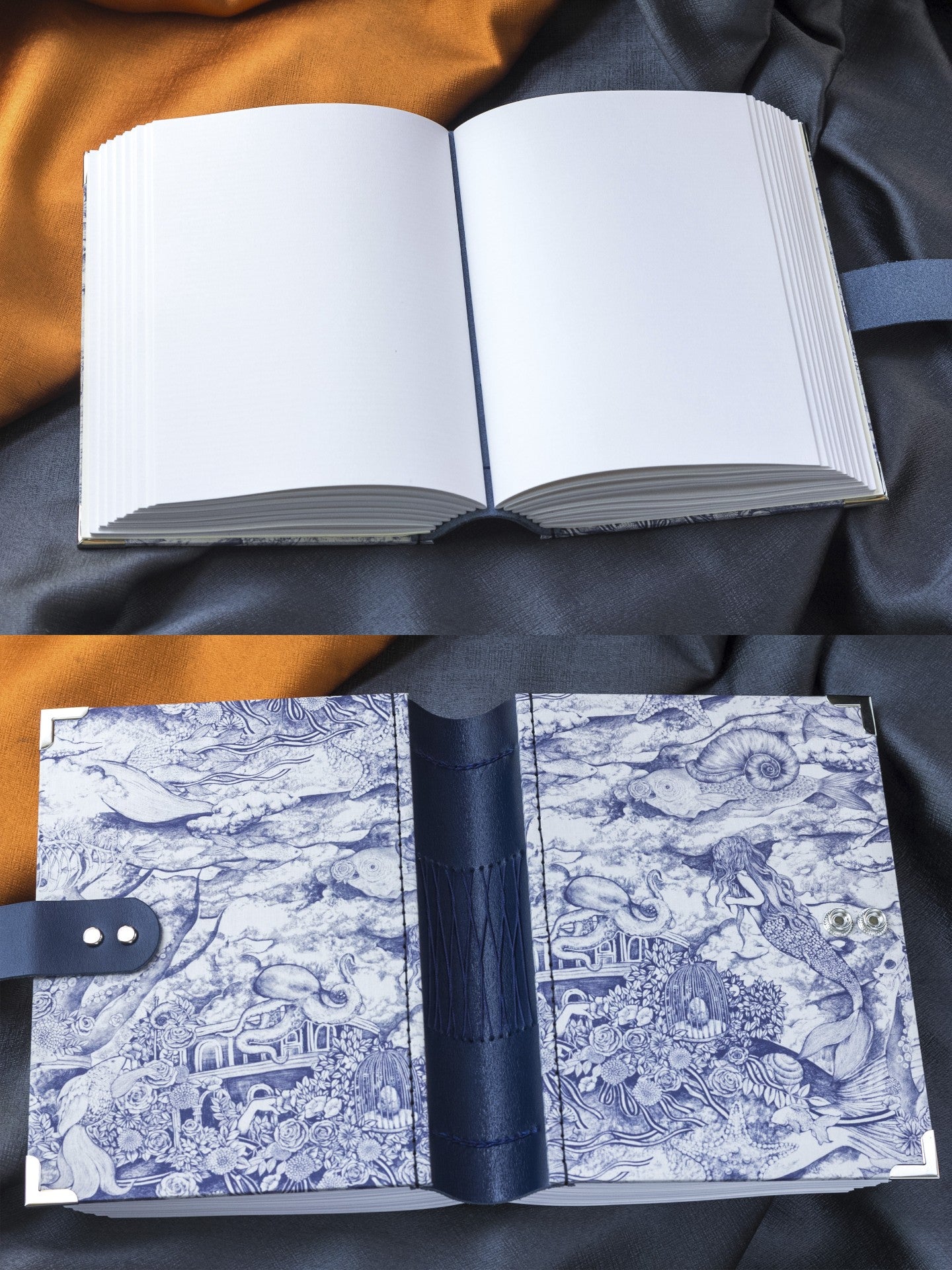 Handmade Blue and White Sea Pattern Fabric Journal, Nautilus Clasp