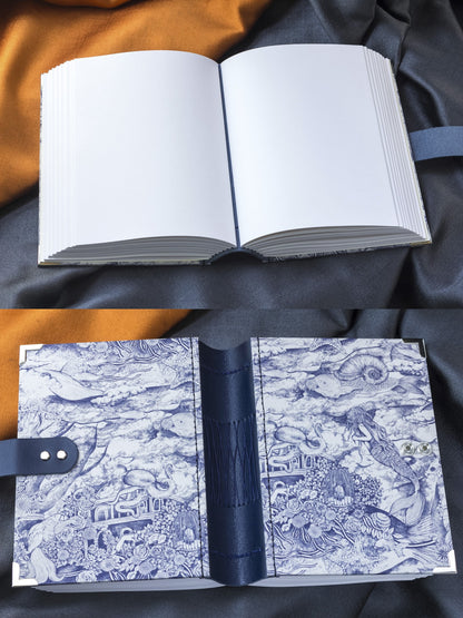Handmade Blue and White Sea Pattern Fabric Journal, Nautilus Clasp