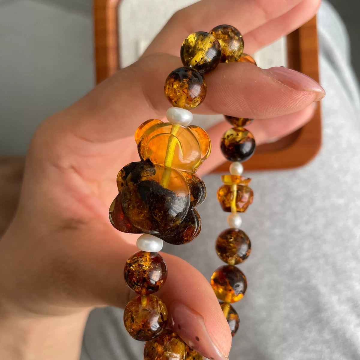 Natural Amber Bear Charm Bracelet 9mm Beads