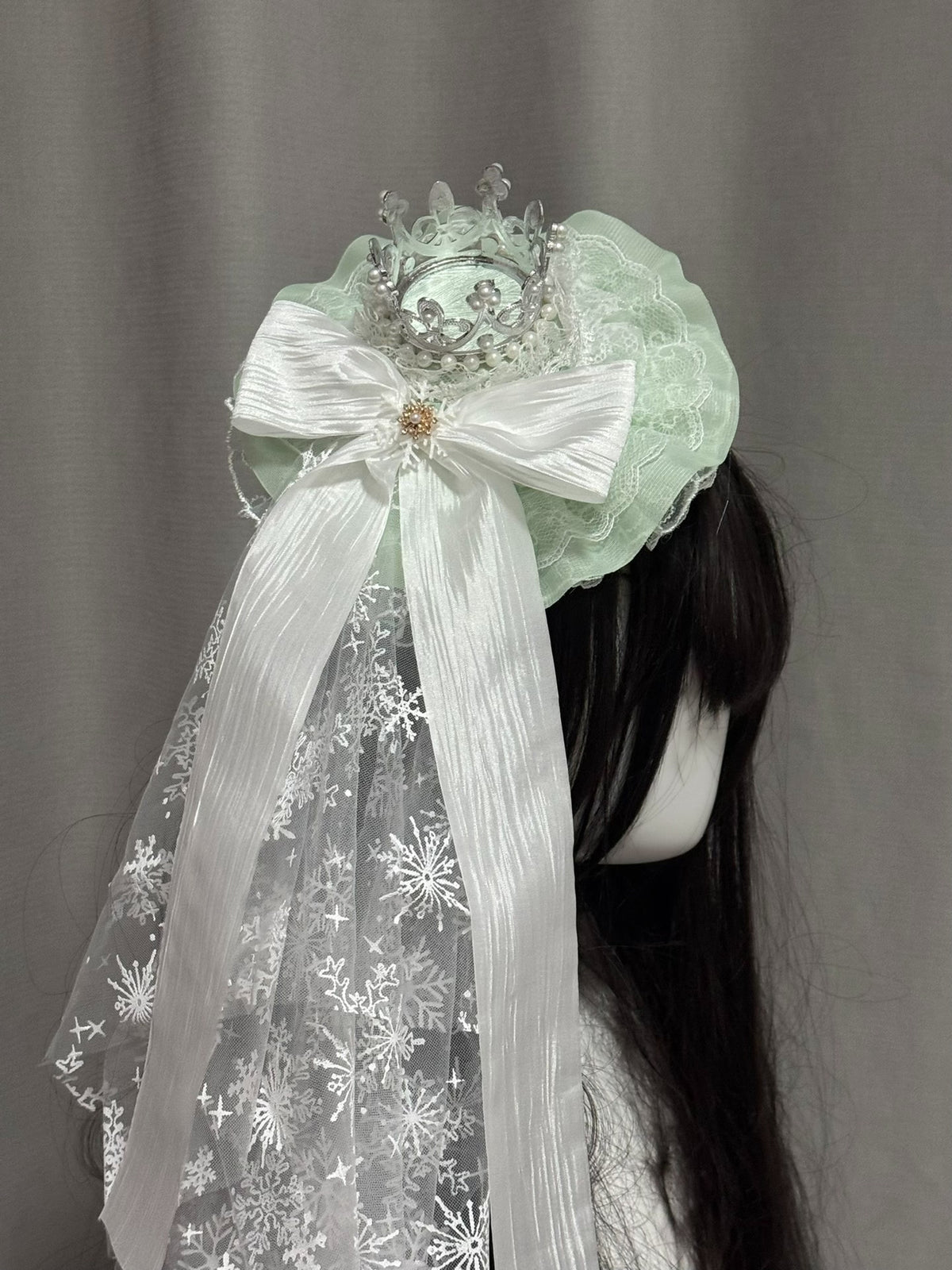 Green Bridal Bonnet with Snowflake Veil