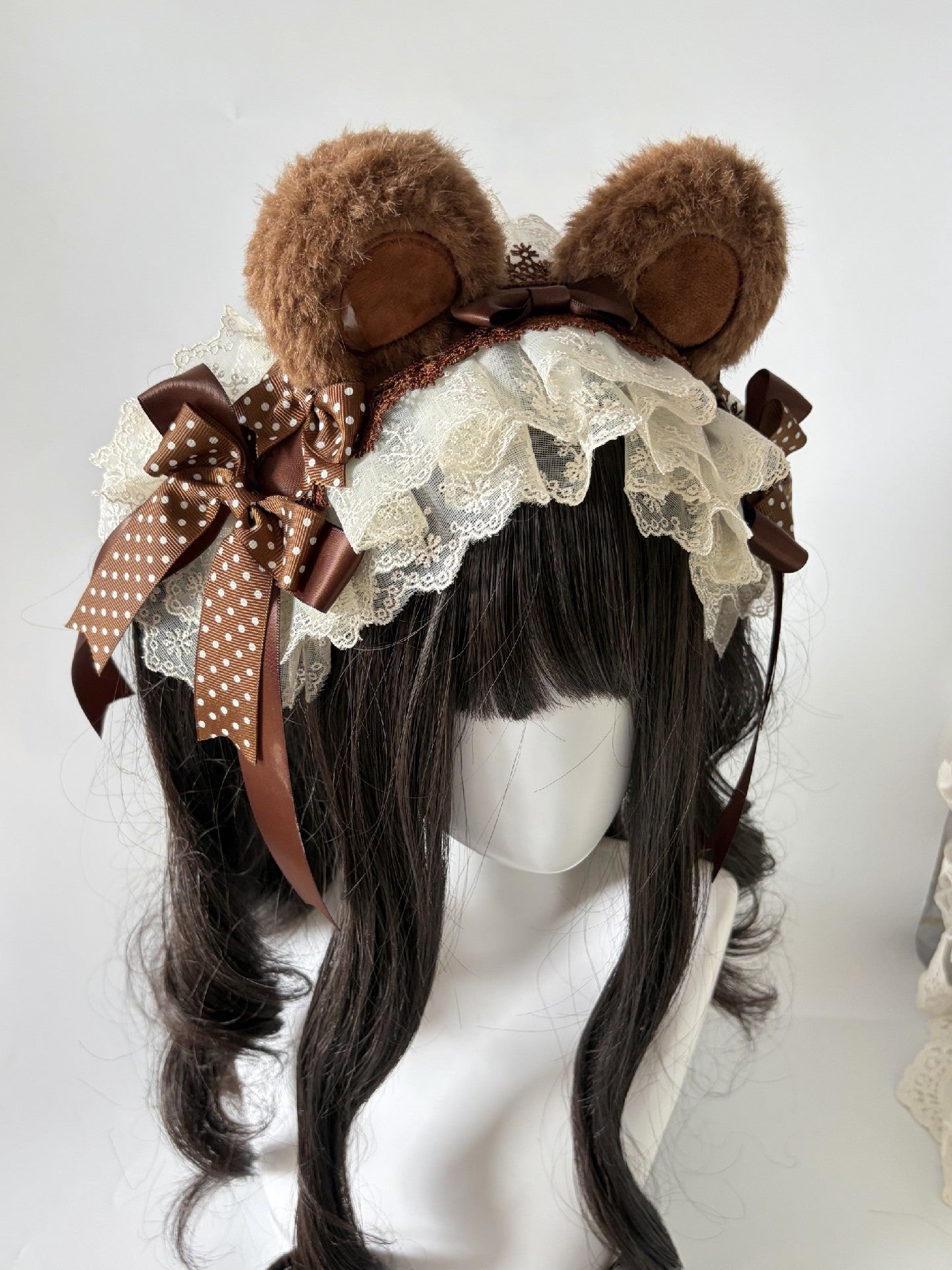 Brown Chocolate Bear Ear Lolita Headband with Lace and Bows
