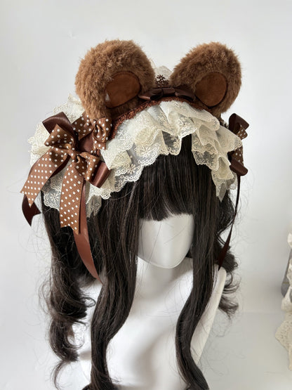 Brown Chocolate Bear Ear Lolita Headband with Lace and Bows