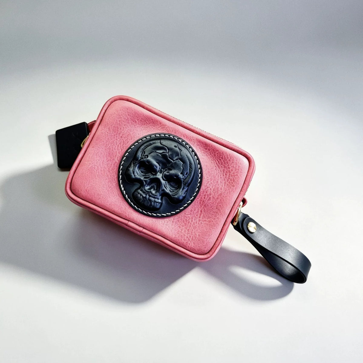 Pink Leather Zip Case with Skull Patch