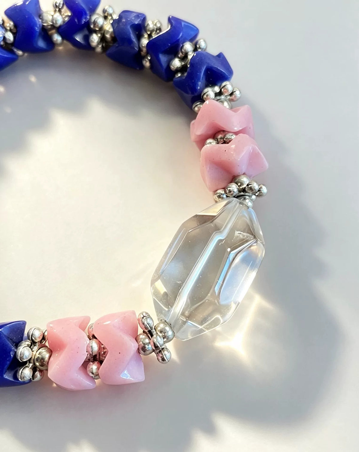 Blue Pink Chevron Beaded Bracelet Clear Crystal