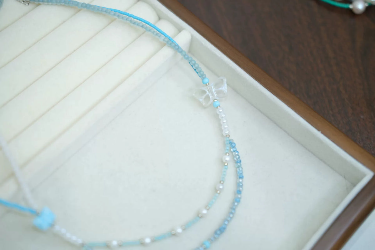 Double Layer Blue Butterfly Beaded Necklace