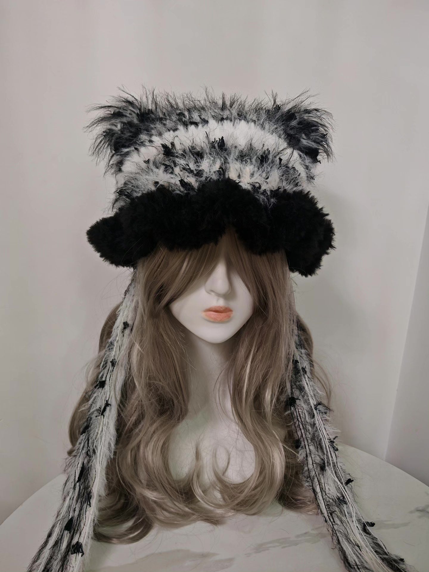 Classic Black White Cat Ear Hat - Handmade Plush Zebra Stripe Beanie