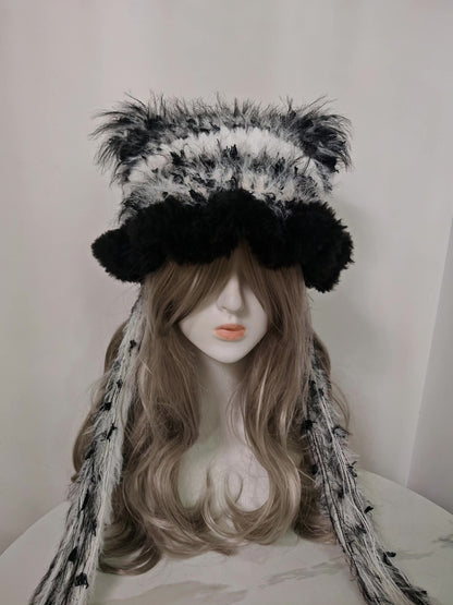 Classic Black White Cat Ear Hat - Handmade Plush Zebra Stripe Beanie