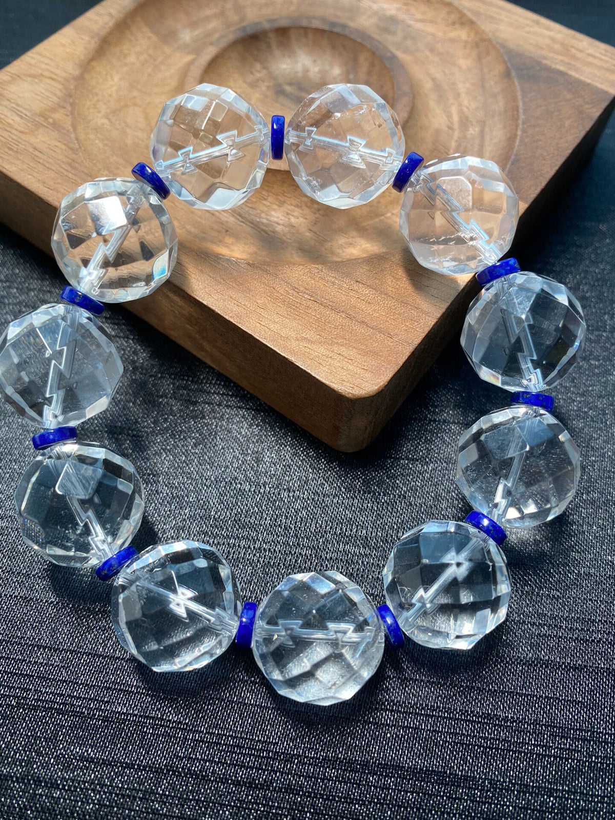 Faceted Clear Quartz Bracelet with Lapis Spacers