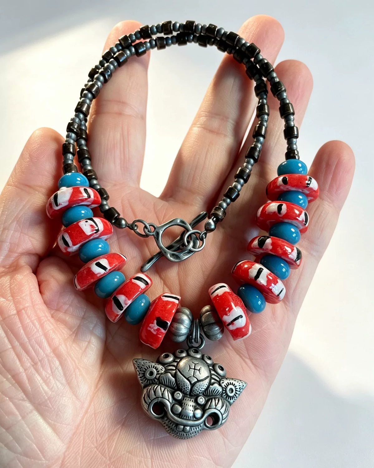 Handmade Glass Bead Necklace Red Blue