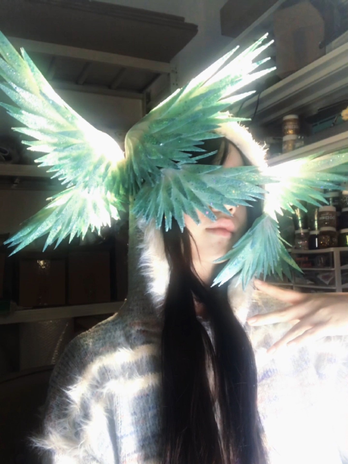 Handmade Hatsune Miku Style Translucent Green Wing Headpiece with Pearlescent Finish