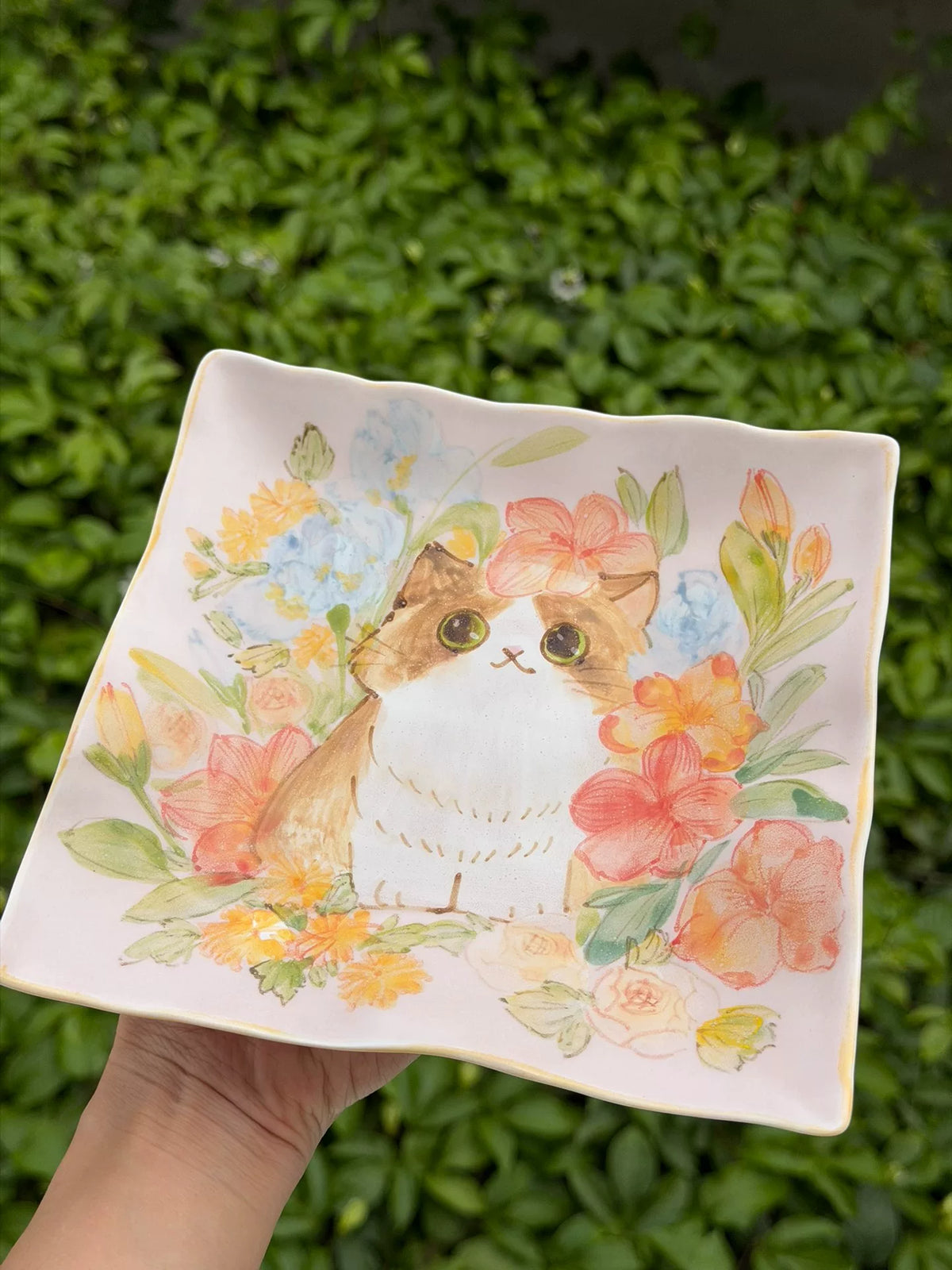 Hand Painted Ceramic Rectangular Plate Cat Floral