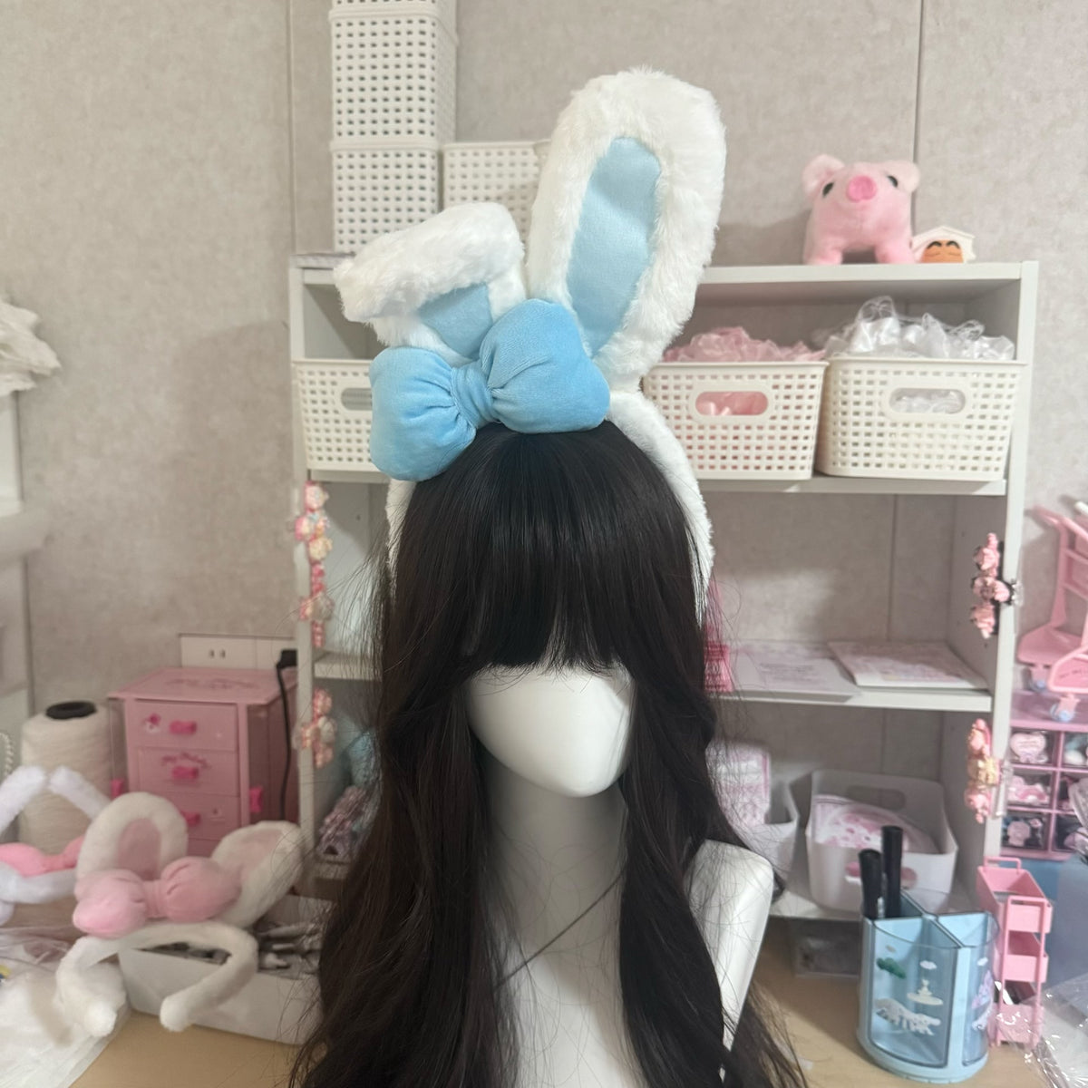 White Plush Bunny Ear Headband with Blue Bow
