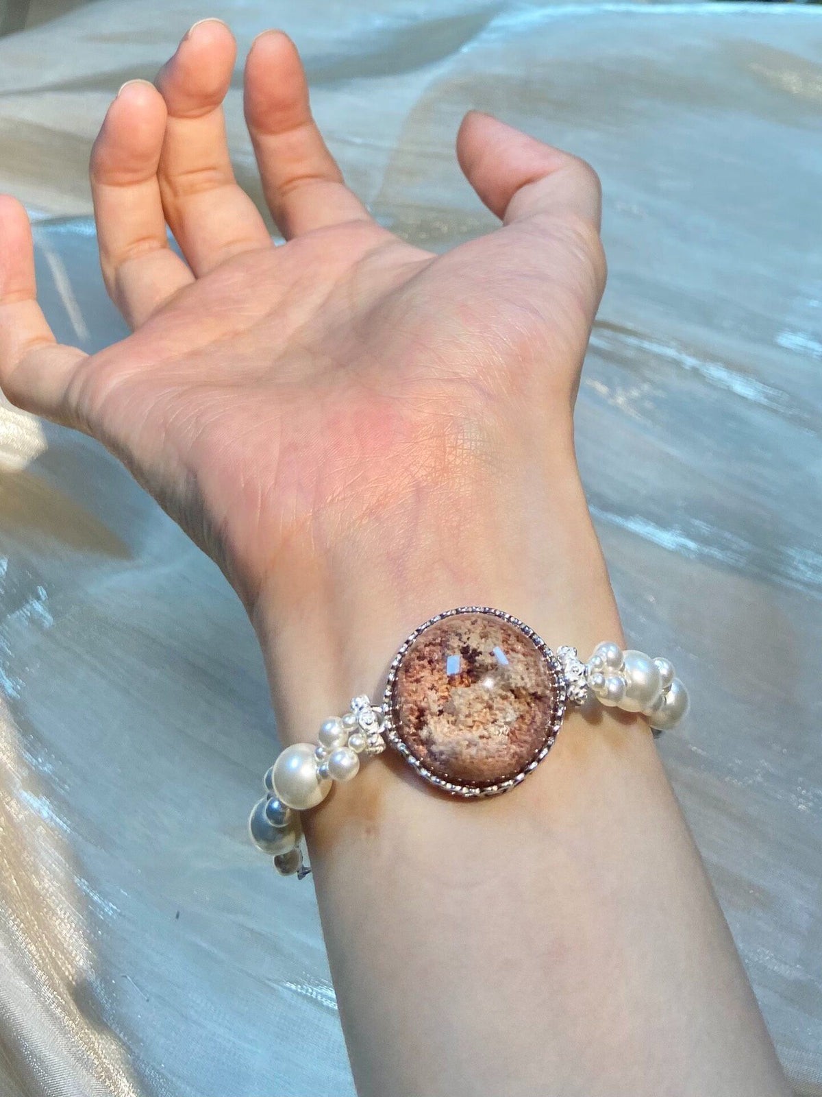 Pink Phantom Quartz Bracelet with Swarovski Pearls
