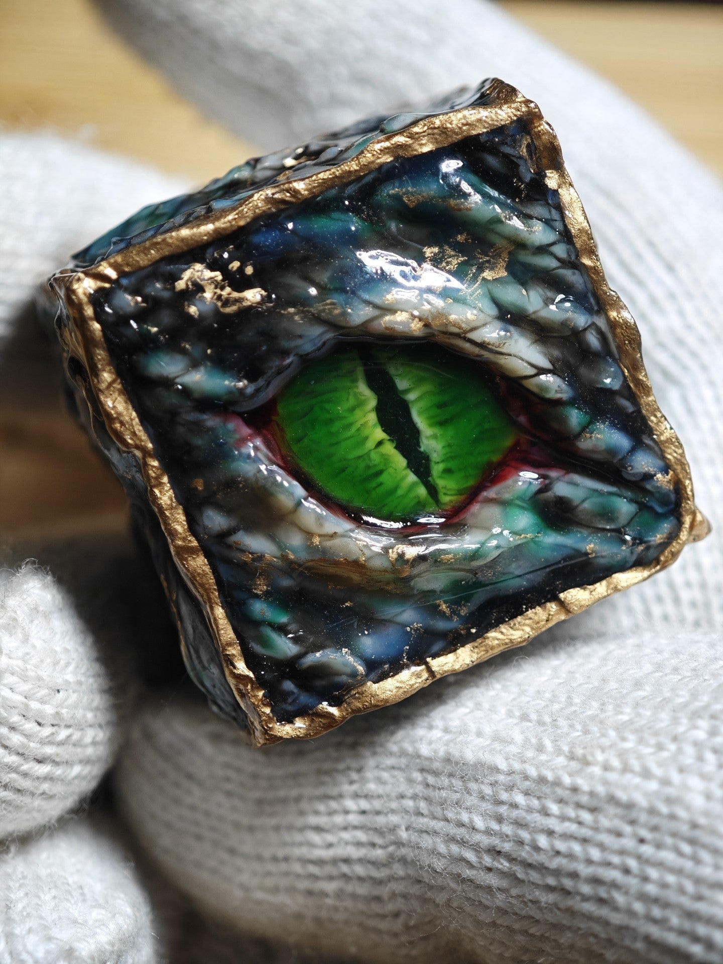 Custom Handmade Resin d20 Die with Snake Eye and Gold Leaf Design