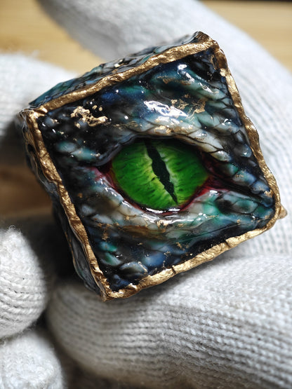 Custom Handmade Resin d20 Die with Snake Eye and Gold Leaf Design