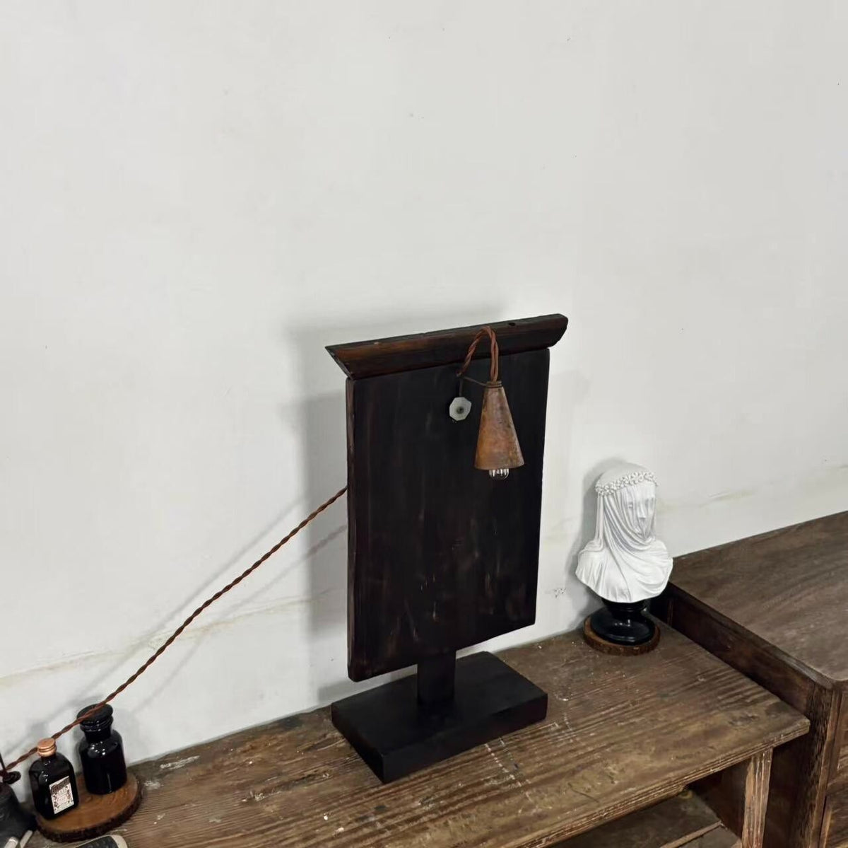 Vintage Solid Wood Table Lamp Rustic Industrial