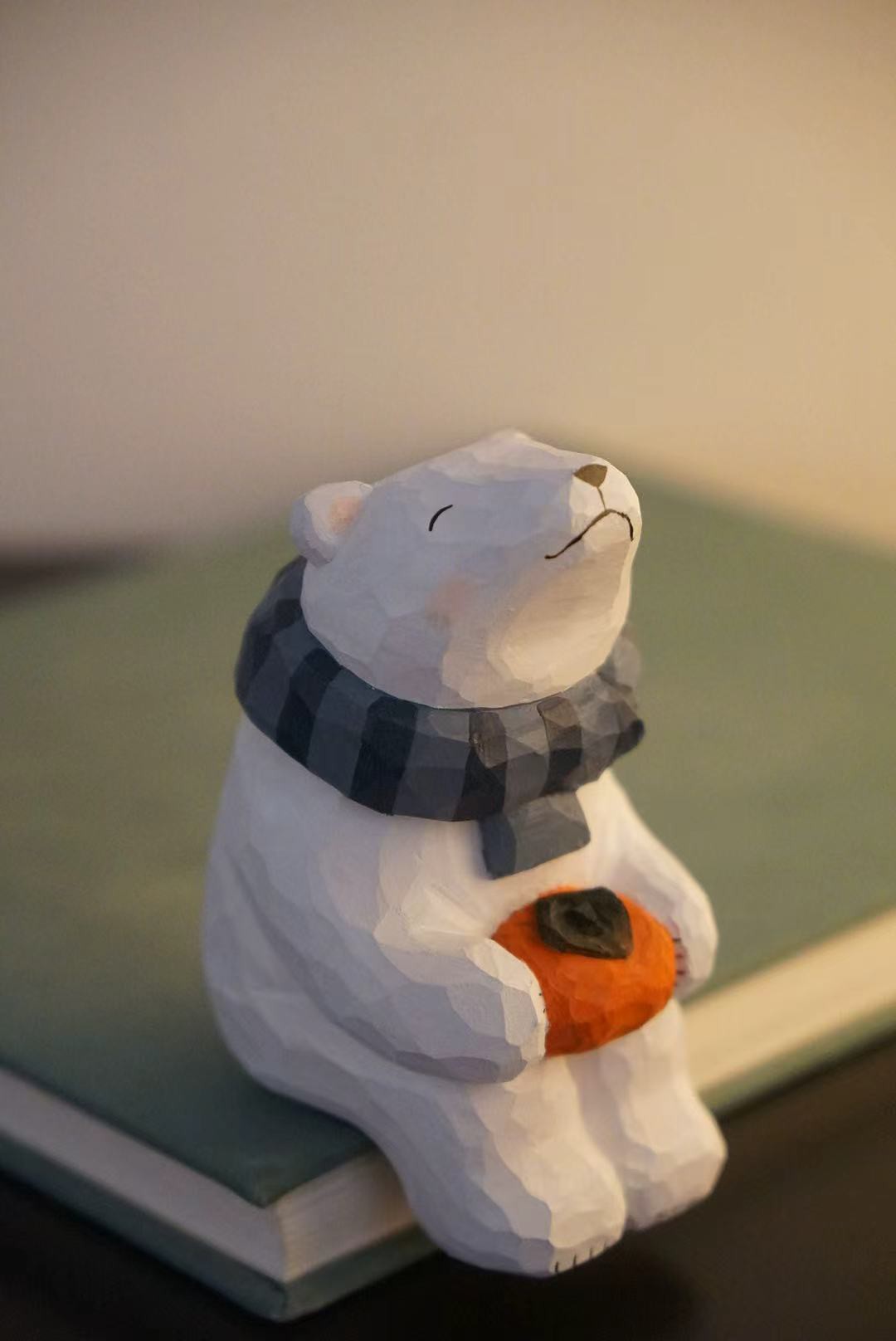 Handcrafted Linden Wood Polar Bear Persimmon Sculpture