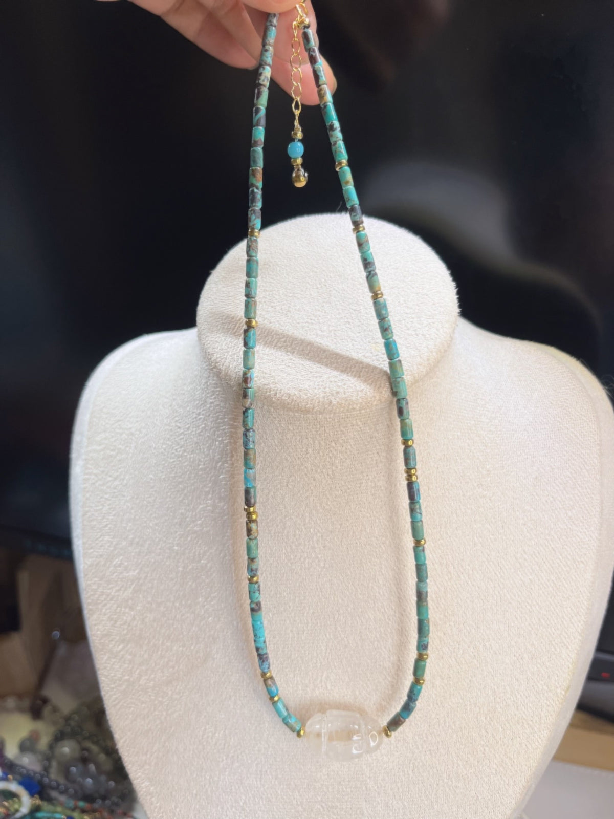 Turquoise Crystal Carved Reliquary Necklace