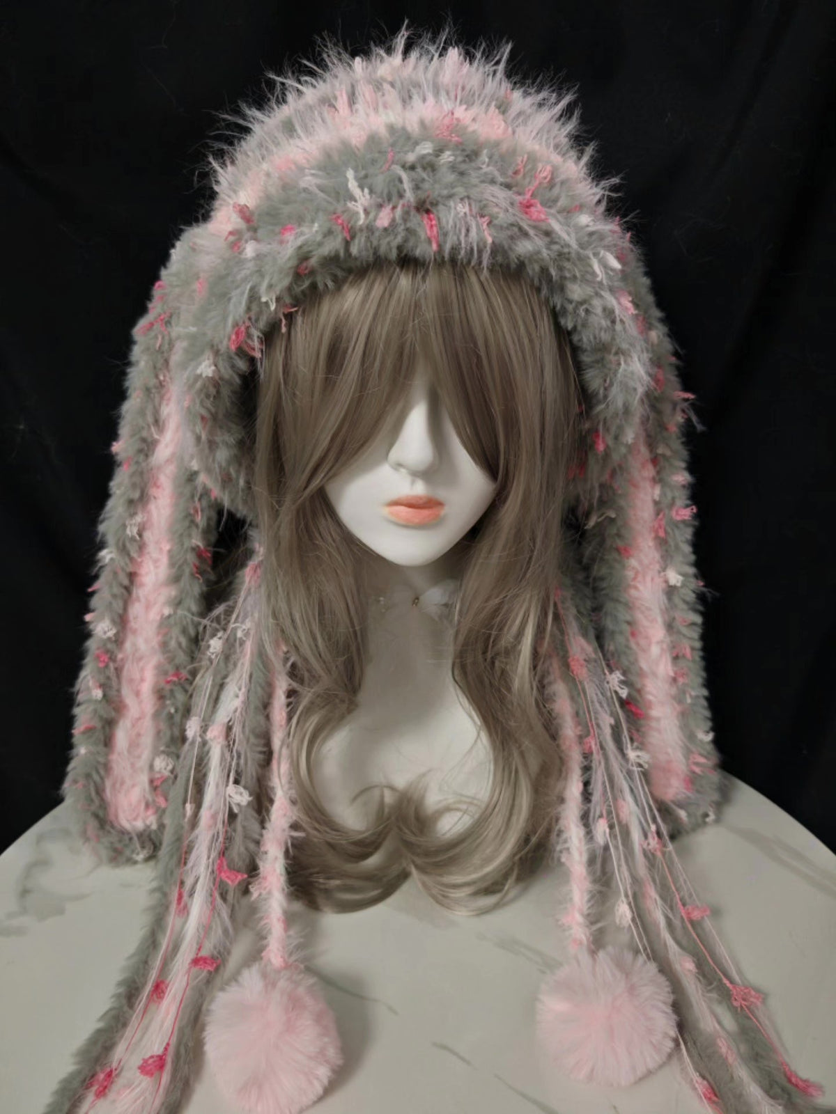 Long-Eared Rabbit Hat with Pink Pom-Poms