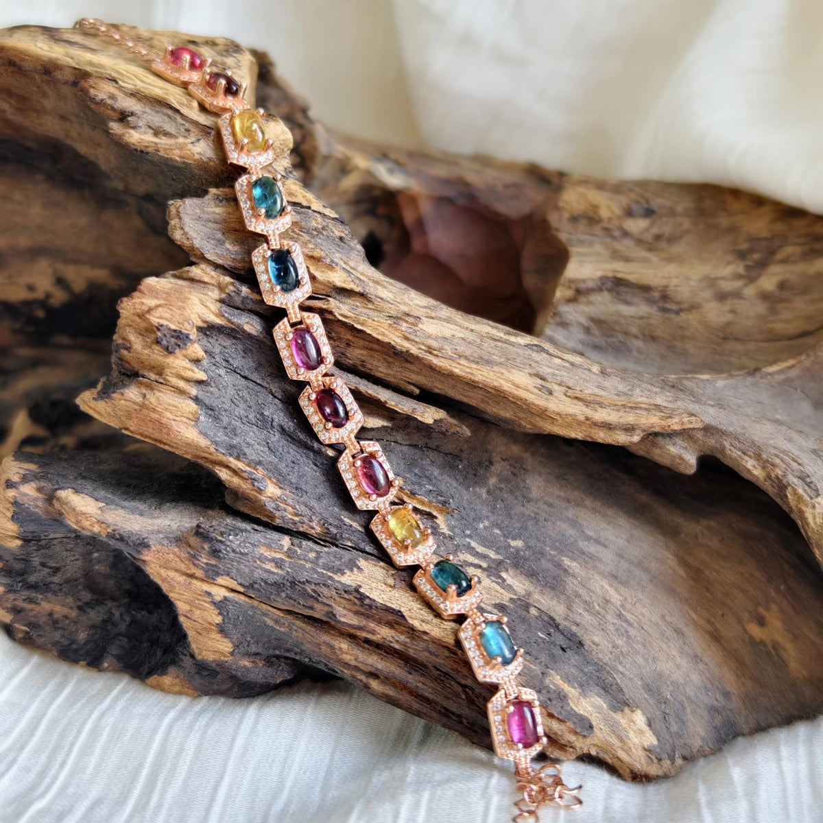 Multicolor Tourmaline Hexagonal Bracelet Rose Gold