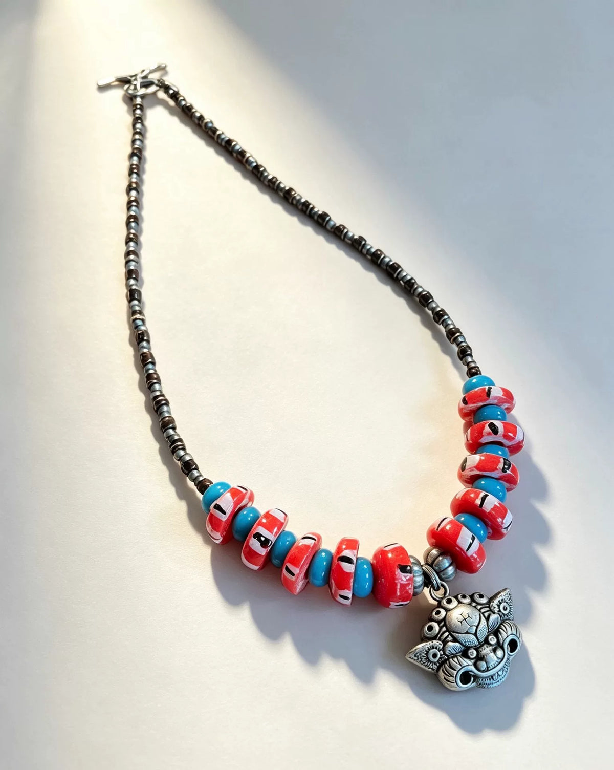 Handmade Glass Bead Necklace Red Blue