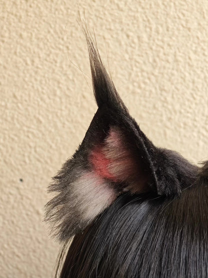 Handcrafted Maine Coon Cat Ears with Black Fur and Pink Inner Detail