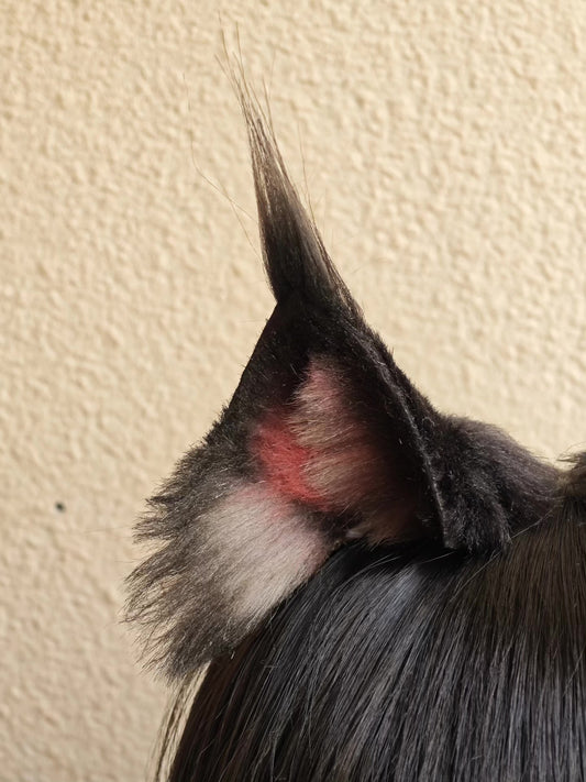 Handcrafted Maine Coon Cat Ears with Black Fur and Pink Inner Detail